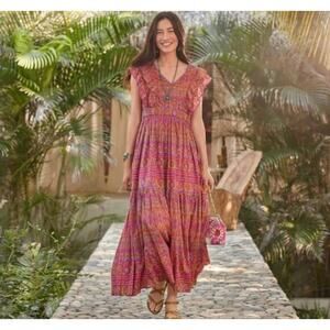 SUNDANCE Dress Mystical Mosaics Maxi V-Neck‎ Sleeveless Ruffled Detail Lined